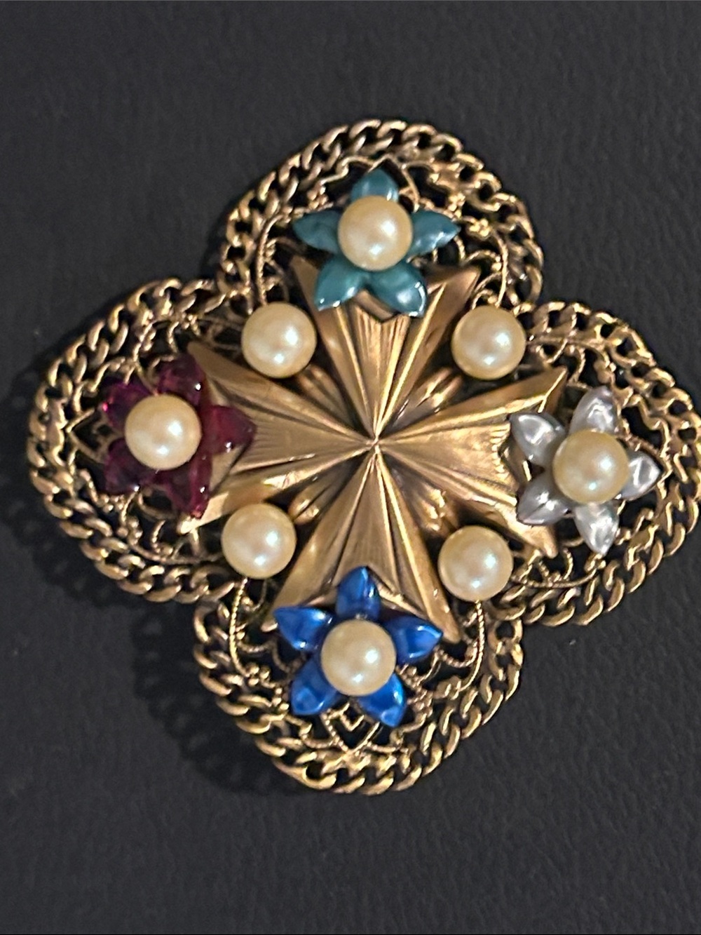 Vintage Gold-Tone Floral Brooch with Blue, Teal, Red and Silver Accents